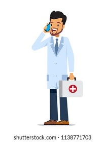 Doctor with first aid box talking on the mobile phone. Vector character design isolated on white background.