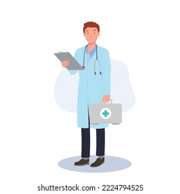 Doctor with First Aid Kit and clipboard in hands .Male characters work in Hospital. Male medical characters. Vector illustration