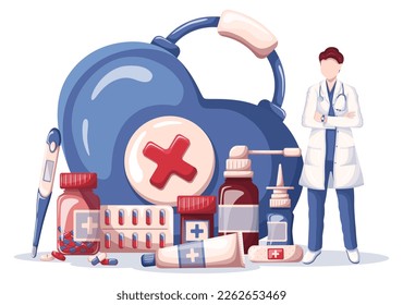 The Doctor, first aid kit and different medicaments. Medicine, pharmacy and healthcare concept. Isolated vector illustration for flyer, poster, banner.