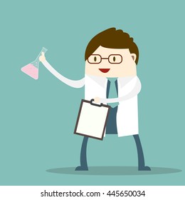 Doctor and flask chemical lab test.