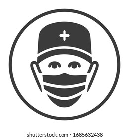 Doctor flat black icon. Isolated vector simple illustration with physician in medical face mask. Outline sign in circle