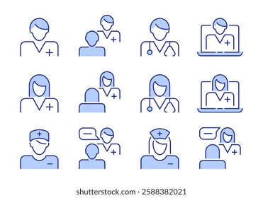 Doctor flat line icons. Blue and White Editable Stroke. Easy to edit in size and color