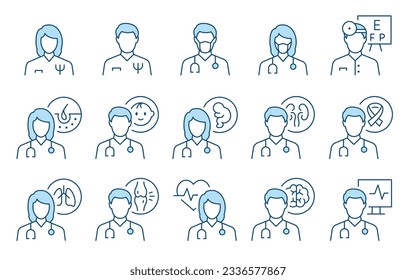 Doctor flat line icons. Editable Stroke. Change to any size and any colour. Vector illustration.