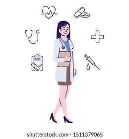 Doctor flat vector character. Therapist, general practitioner with stethoscope and patient card cartoon illustration with icons. Professional medical worker. Female medic, physician isolated on white