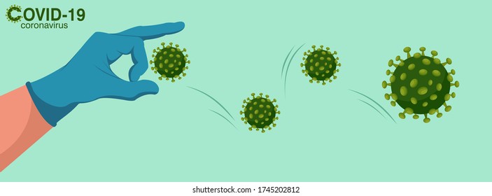 A doctor flicked the virus with blue gloves. concept to fight coronavirus 2019-nCoV and covid-19. Vector illustration of fight many virus  attack good for Poster, flyer. Flat style design. 