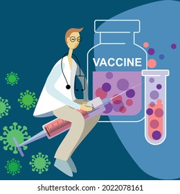 el médico está volando sobre una jeringa del virus que el médico está volando sobre una jeringa del virus 