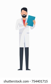 Doctor with folder icon isolated on white background. Vector illustration with man with beard dressed in white robe writing prescription in blue folder