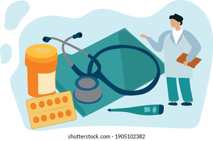 Doctor with a folder shows medical pills, a thermometer.