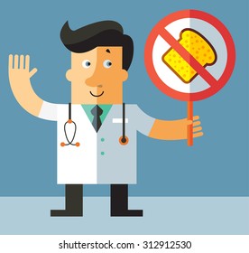 doctor with a forbidden bread sign. Flat vector illustration
