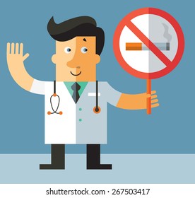 doctor with a forbidden cigarette sign. Flat vector illustration