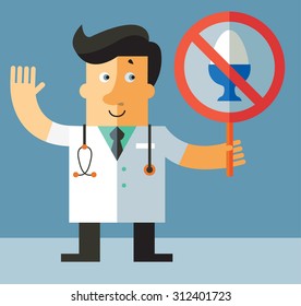 doctor with a forbidden egg sign. Flat vector illustration