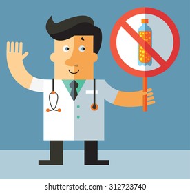 doctor with a forbidden sparkling drink sign. Flat vector illustration