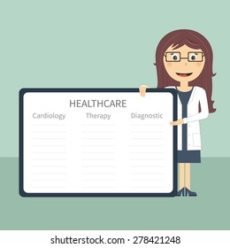 Doctor with frame in flat design. Woman doctor present with frame and sample data. Vector file is easy to edit and ready for use.