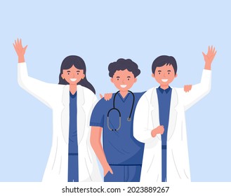 Doctor friendship. Waving happily. Medical team. Medical concept illustration. Vector illustration in flat style.