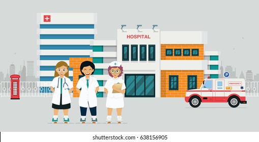 Doctor in front of hospital with emergency ambulance