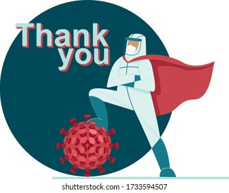 Doctor in full antiviral protective equipment wearing superhero red cape triumphs over coronavirus. Poster dedicated in honor of healh care workers who defeated the COVID-19 pandemic worldwide. 