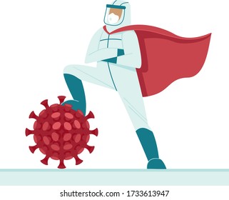 Doctor in full antiviral protective equipment wearing superhero red cape triumphs over coronavirus. Flat vector illustration