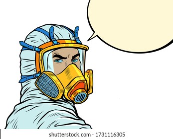 doctor in full face mask respirator. Pop art retro vector illustration 50s 60s style