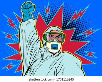 A doctor in a full protection suit. Resistance gesture. Epidemic coronavirus covid19. Pop art retro vector illustration 50s 60s style