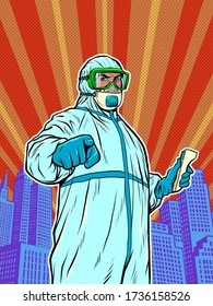 A doctor in a full protection suit with a thermometer. Epidemic coronavirus covid19. Pop art retro vector illustration 50s 60s style