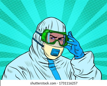 A doctor in a full protective suit during an epidemic. Mask and gloves. Pop art retro vector illustration 50s 60s style