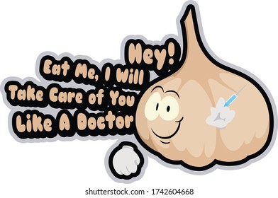 Doctor garlic holding syringe illustration with greetings