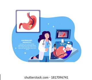 Doctor Gastroenterologists, Gastroscopy Researching, Curing Old Retired Pensioner Woman.Stomach Ache. Diagnostics, Gastric Catheter. Abdominal Clinic Consultation Medical Hospital. Vector Illustration