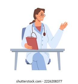 Doctor or general practitioner with stethoscope and document looking back. Friendly medical worker in hospital. Flat cartoon character, vector in flat style