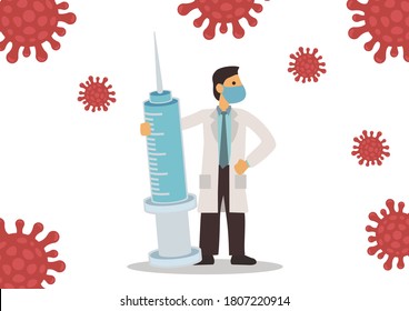 Doctor with giant syringe surrounds with virus. Hero Doctor fight coronavirus pandemic, epidemic with courage. Saving medical concept. Vector illustration.