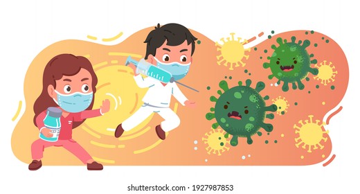 Doctor Girl, Boy Kids Vaccine Syringe And Medicine Bottle Fight Corona Virus. Medical Workers Persons Protecting Health From Pandemic. COVID Disease Prevention Battle Concept Flat Vector Illustration