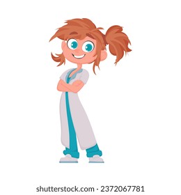 The doctor girl looks funny and beautiful when she puts on her special attire. Vector Illustration.
