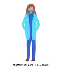 Doctor girl in a medical mask isolated on a white background. The attending physician in a dressing gown and special clothing. Vector illustration in flat style.