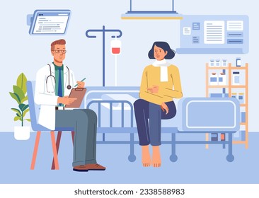 Doctor and girl patient at desk in hospital office. Clinic visit for exam, meeting with physician, conversation with medic about diagnosis results