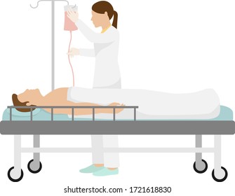 Doctor Give Blood Transfusion To Man In Clinic, Vector Illustration. Hospital Medical Care About Patient On Bed By Equipment. Human Health Treatment By Blood Transfusion, Female Nurse Character.