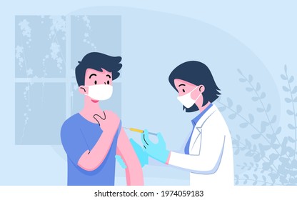 The doctor give injection to a patient. Coronavirus vaccination, medical doctor wear surgery mask process of immunization against covid-19. Vector medical protection concept.