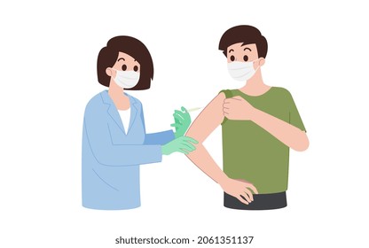 The doctor give injection to a patient. Coronavirus vaccination, medical doctor wear surgery mask process of immunization against covid-19. Vector medical protection concept.