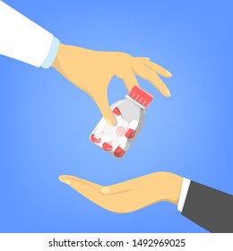 Doctor give a patient dose of pills. Health drug, illness treatment vector illustration. Medicine prescription, painkiller glass bottle in hand. Care for health.