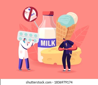 Doctor Give Pills To Patient For Treat Allergy On Milk Food, Lactose Intolerance. Sick Man Character Holding Bad Stomach Having Ache Of Problem With Dairy Products. Cartoon People Vector Illustration