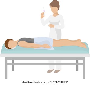 Doctor give shot to character patient on bed, vector illustration. Medical healthcare in cartoon hospital concept, people health by medicine injection. Woman nurse action to man person.
