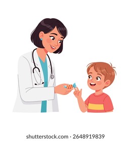 A doctor gives a child a lollipop.  Friendly interaction between a physician and a young patient.