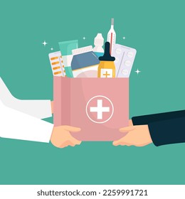 Doctor gives drugs according to recipe to patient. Delivery service concept.Paper bag with medical pills and bottles.Vector illustration