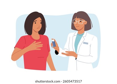 Doctor gives inhaler to woman who is suffering from asthma or allergies and is experiencing attack of shortness of breath. Medical specialist recommends new inhaler to help cope with chronic illness.