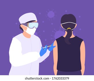 The doctor gives an injection dose of the vaccine into the patient's arm. Coronavirus vaccination. Antiviral shot. Injecting vaccinate against Covid-19. Vector cartoon illustration.
