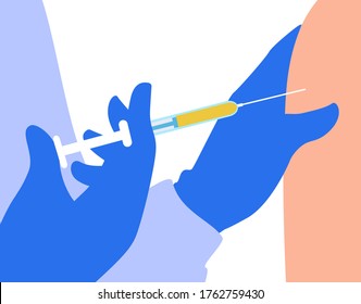 The doctor gives an injection dose of the vaccine into the patient's arm. Vaccination, antiviral shot. Injecting vaccinate with a syringe. Hands in surgical gloves. A vector cartoon illustration.