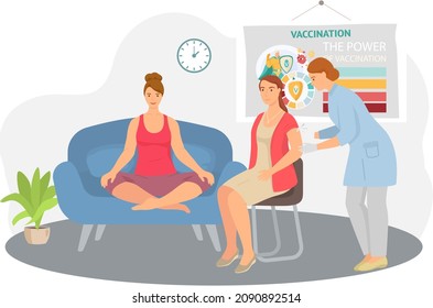 Doctor gives an injection dose of vaccine to patient. Coronavirus vaccination. Antiviral shot. Injecting vaccinate against Covid-19, health care. Woman receiving dose of medication at medical office