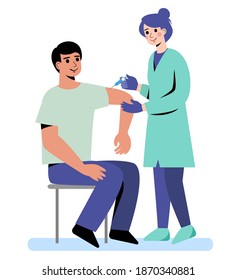 The doctor gives an injection of the vaccine to the patient. Time to get vaccinated against disease. Flat vector illustration
