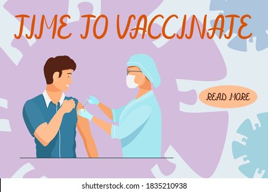 El médico le da al hombre una vacuna contra la enfermedad. Letras: Es hora de vacunar. Vector en un estilo plano, fondo abstracto. Concepto moderno para el diseño web.