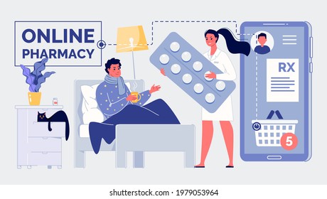 Doctor gives medicine to patient lying in bed. Online pharmacy concept with delivery of prescription drugs. Vector illusion flat cartoon.