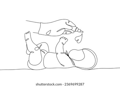 A doctor gives an oral polio vaccine to an infant. Taking care of the baby's health. World Polio Day. One line drawing for different uses. Vector illustration.