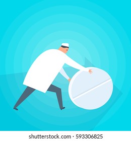 Doctor gives a patient a tablet. Medicine, Health care flat concept illustration. Medic with pill treats the disease. Medical, healthcare vector design element for web, social networks, presentation.